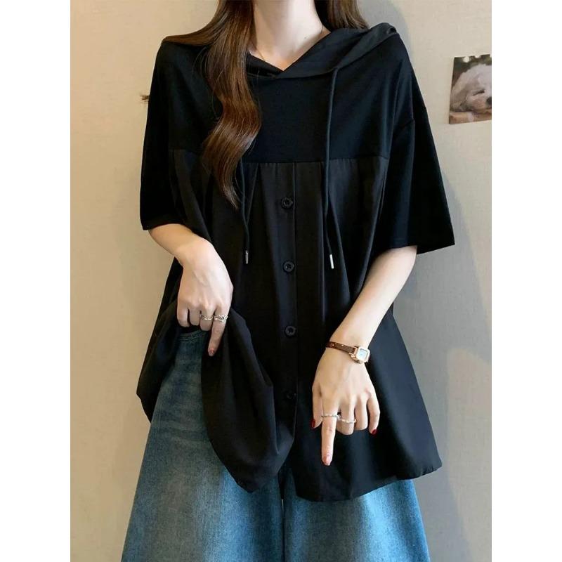 

Women s Beige Oversized Hoodie Short Sleeve Casual Loose Fit Button-Down Tunic Top L чёрный