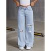 Fashion Wind 2025 New Arrival Loose Light Blue Washed Wide Leg Denim Pure Color Pants Women Jeans