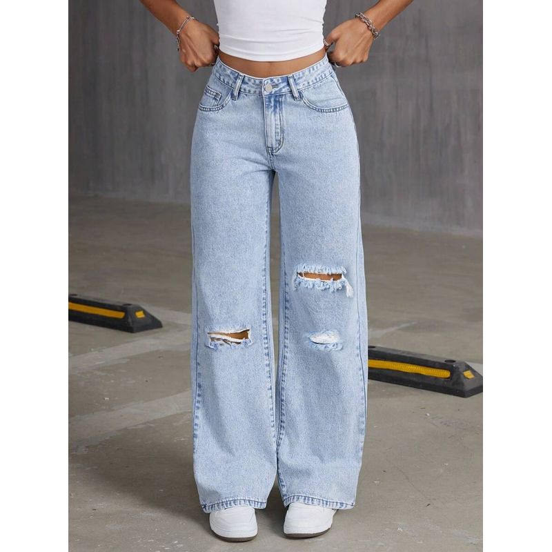 

Fashion Wind 2025 New Arrival Loose Light Blue Washed Wide Leg Denim Pure Color Pants Women Jeans Light Blue XS