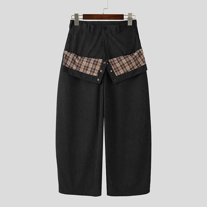 INCERUN Men Zip-up Plaid Wrap Waist Casual Loose Texture Baggy Trousers Pants S