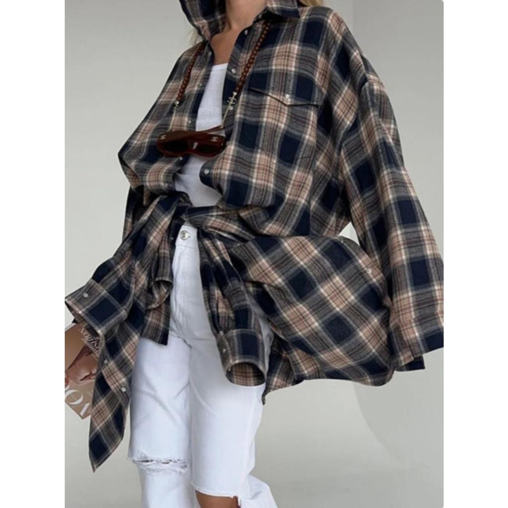 Women's Point Collar Long Sleeve Plaid Shirt Loose Fit Streetwear Blouse With Chest Pocket Spring Casual Oversized Tunic Shirt