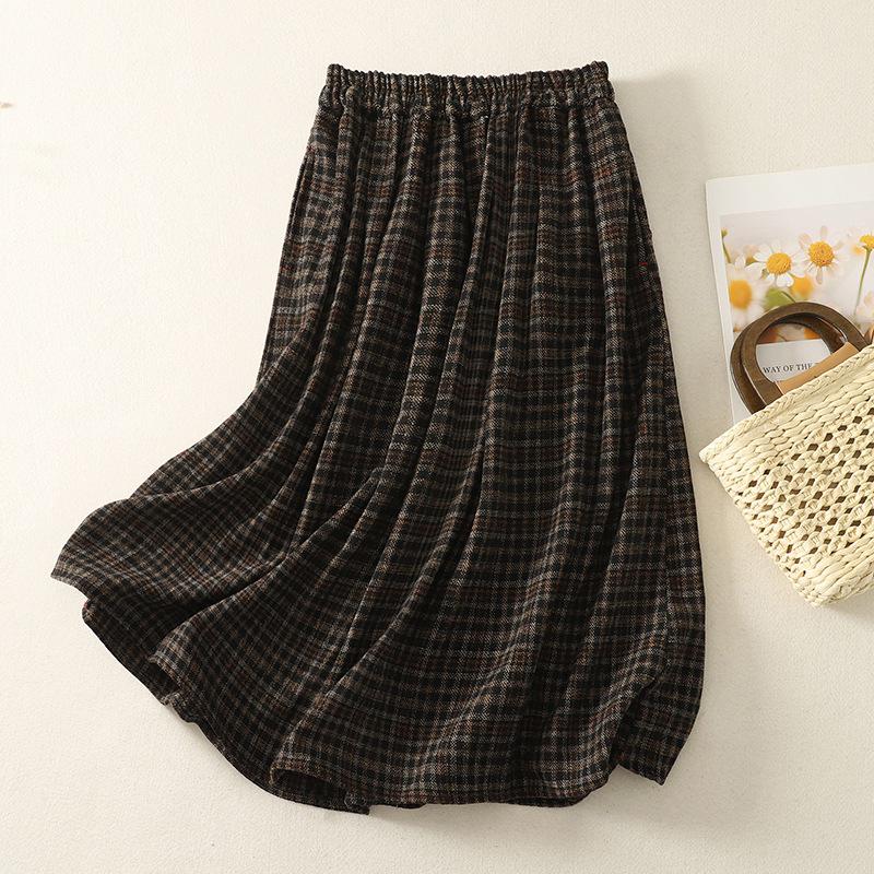 Wool Blend Elastic Waist Plaid Midi Skirt - Retro A-line for Autumn/Winter 2025