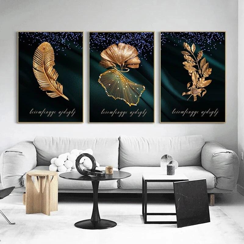 Black Gold Leaves Art Canvas Paintings Modern Plants Flowers Posters and Prints Wall Pictures for Living Room Wall Decor Cuadros
