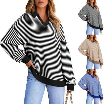 Pulôver feminino casual e moderno com decote em V listrado moletom top