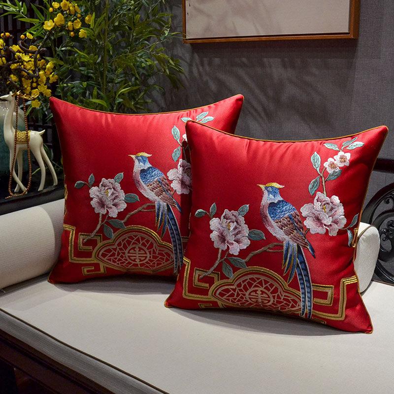 New Chinese-style Throw Pillows with Bird and Flower Embroidery Redwood Sofa Cushion Cover Large Cushion for Living Room Bed