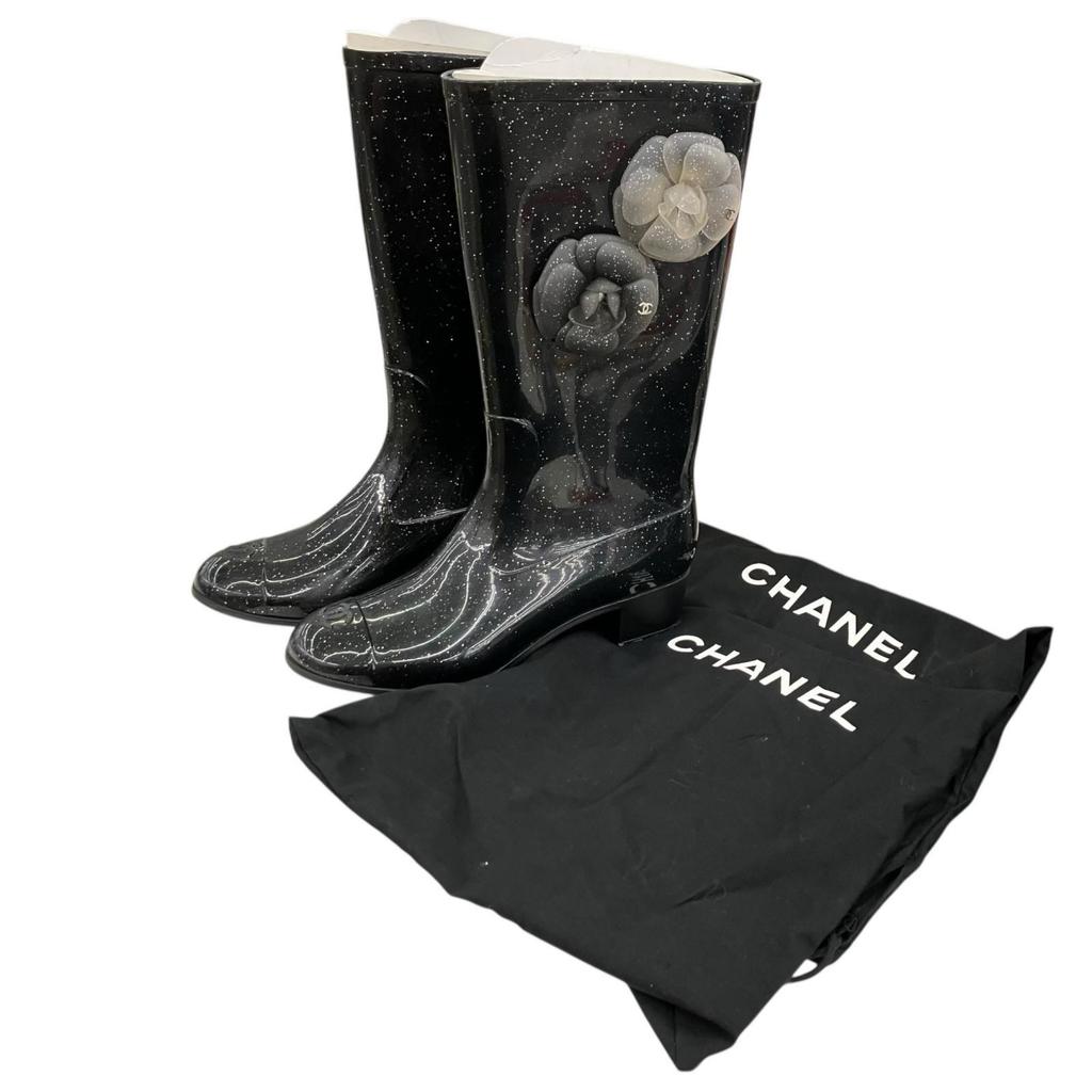 Used 186005 Current condition CHANEL CHANEL Storage bag included Rain boots CHANEL 36 23cm black lame enamel ladies
