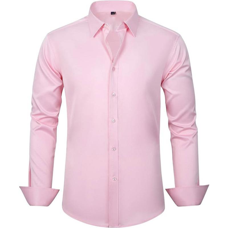 Men's Long Sleeve Solid Color Shirt, 4-Way Stretch, Natural Color Button, Slim Fit, Wrinkle Free, Business Casual Dress Shirt