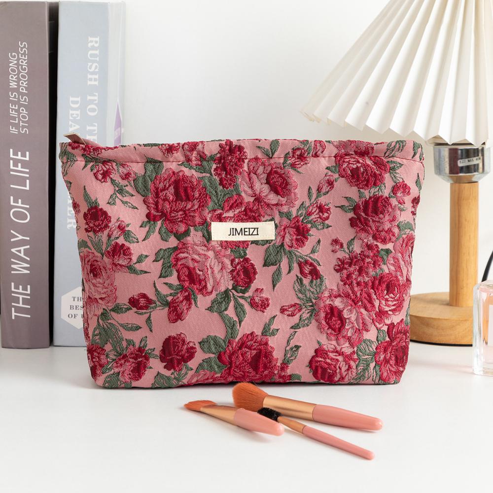 1pc Vintage Red Rose Makeup Bag Rose Pattern Makeup Bag Makeup Storage Bag Cute Daily Washing Bag