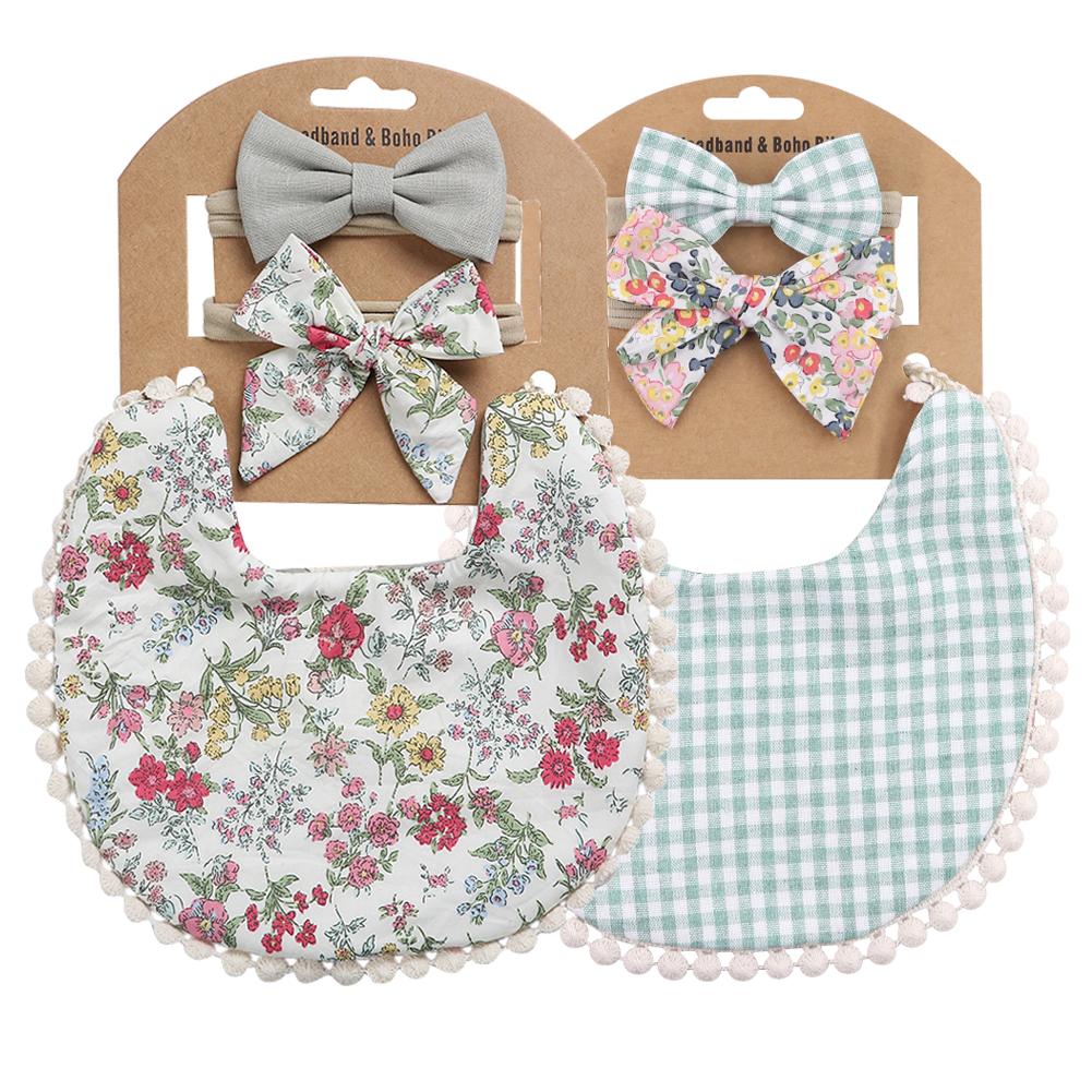 2 Sets/Lot Flower Print Embroidery Baby Bibs Headbands Bow Tie Scarf Bandana Double Side Toddler Saliva Towel Feeding Burp Cloth