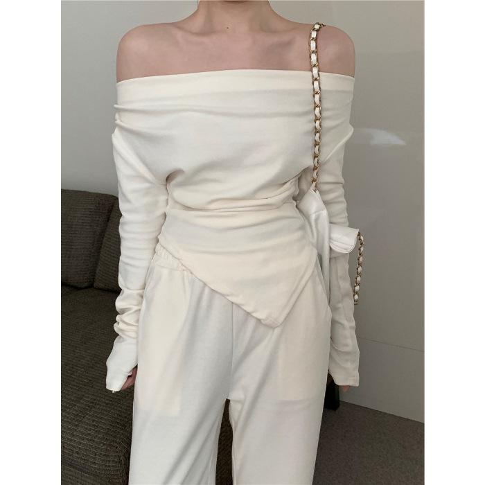 Salt light ripe suit women's one-word shoulder T-shirt top spring new high-waisted wide-leg pants temperament pants two-piece set