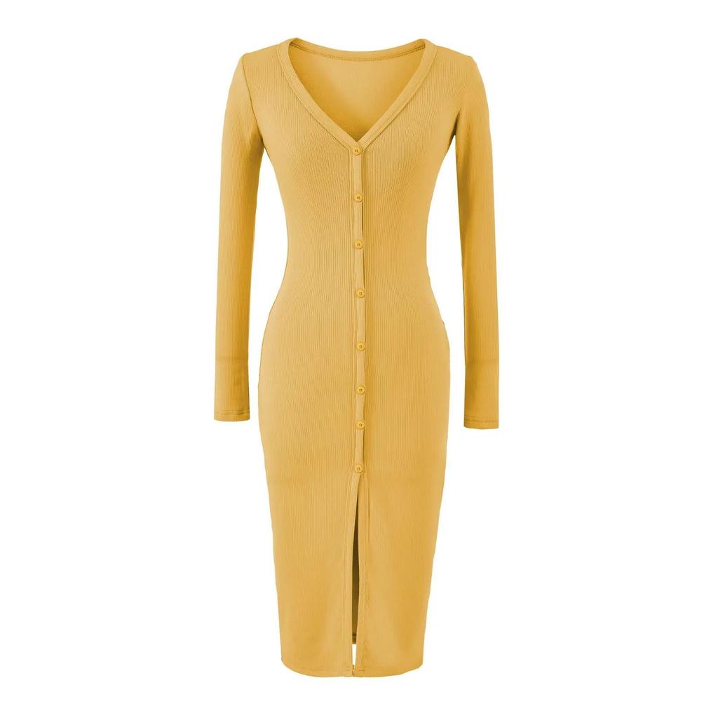 Elegant V-Neck Long Sleeve Dress - Sexy Hip-Hugging Mid-Length Skirt for Women, Perfect for Spring and Autumn.