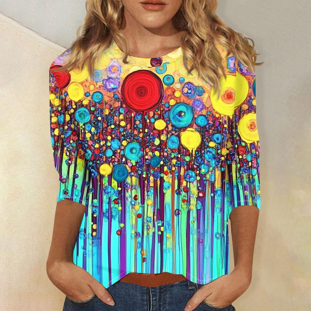 Modisches, lässiges Damenoberteil mit dreiviertel Ärmeln und Blumendruck und Rundhalsausschnitt