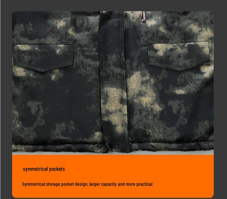 Men's Mid-Length Fleece-Lined Camouflage Overcoat - Windproof, Cold-Resistant, Waterproof, Cotton-Padded for Winter and Labor Protection.