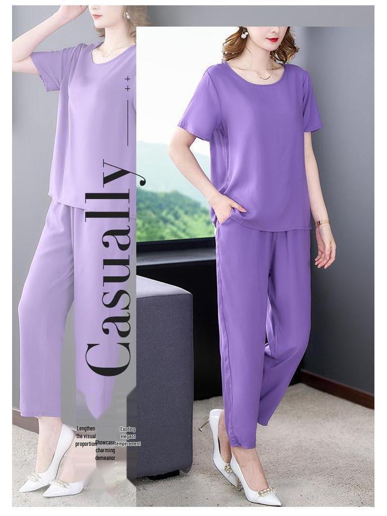 Damen Baumwollseide Zweiteiler: Sommer-Oberteil mit kurzen Ärmeln & Lange Hose, Große Größen, Modisch & Locker geschnitten.