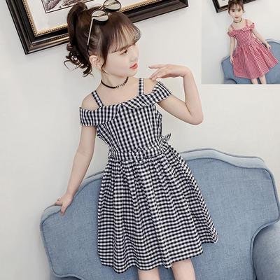 Kids Teen Children Girl Off Shoulder Strap Plaid Print Dress Belt Casual Dresses