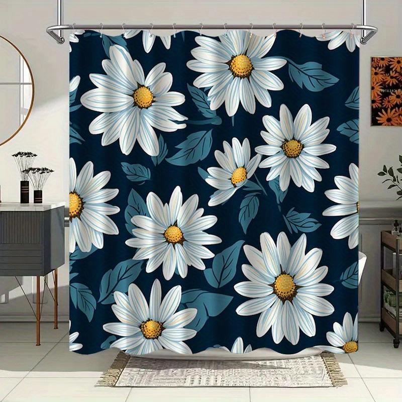 

Shower Curtain With Blue Leaves And White Daisies Pattern, With Hooks, Made Of Polyester, Machine Washable, Bathroom Decoration. W60H190(CM)-1 Pcs