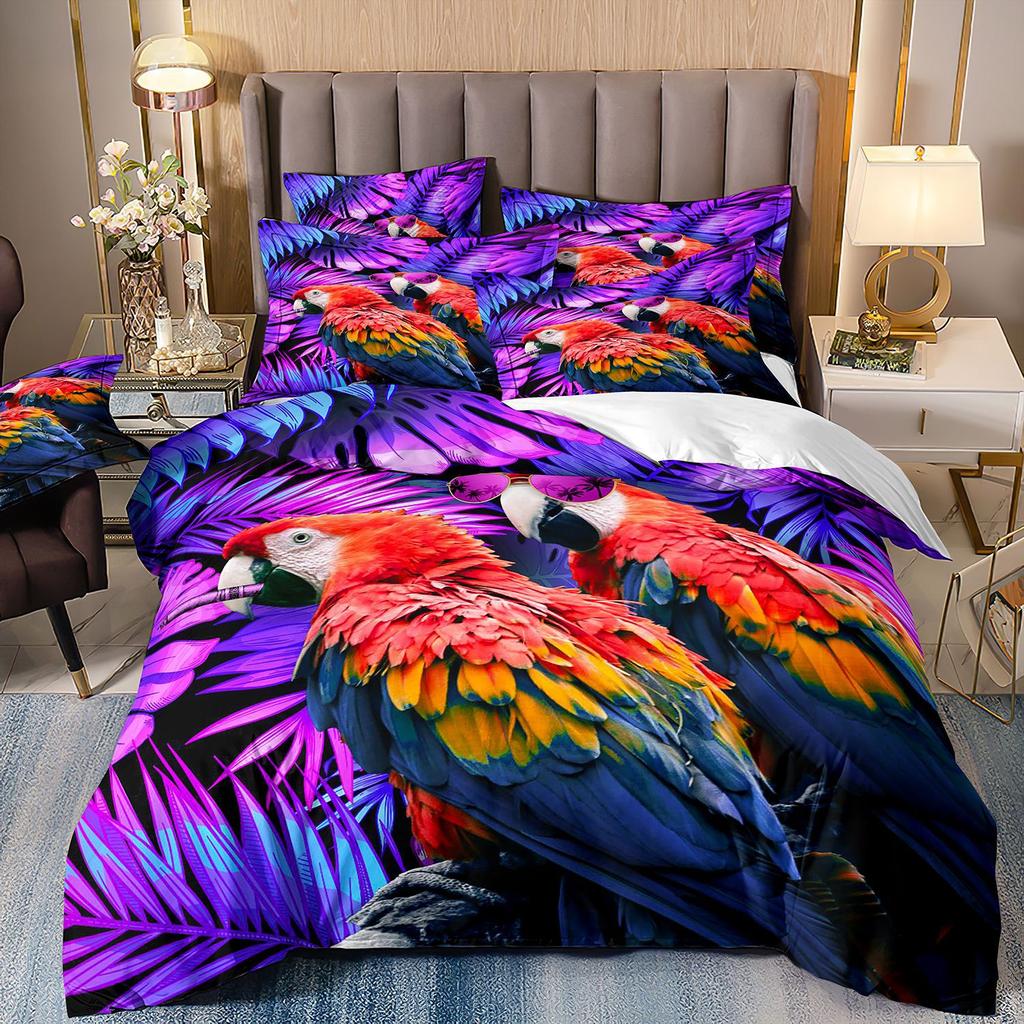 Flamingo Three-Piece 3D Printed Parrot Toucan And Tropical Flower Quilt Cover Pillowcase Bedding