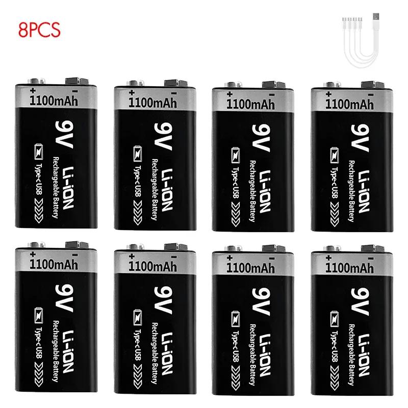 9V Battery Rechargeable 1100mAh USB Type-C 6F22 9V Li-ion Battery for Multimeter, RC Toys, Guitar Pedal, Microphone