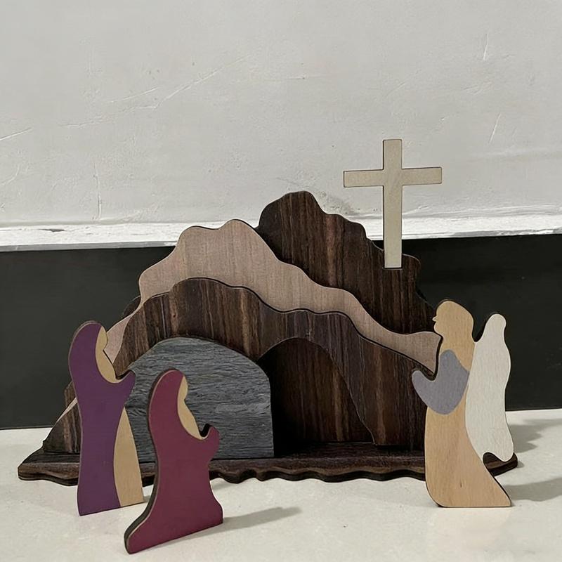 Décoration de Scène de Pâques Tombeau Vide en Bois Réutilisable Portable Croix Statue de Tombeau Vide Facile à Installer Décor Pâques Jésus