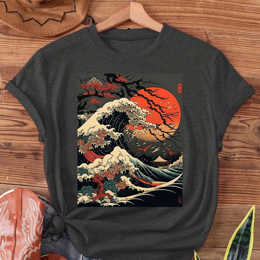 Women's Vintage Great Wave Off Kanagawa Cherry Blossoms Art Print T-Shirt Men Oversized Tee Cotton Loose
