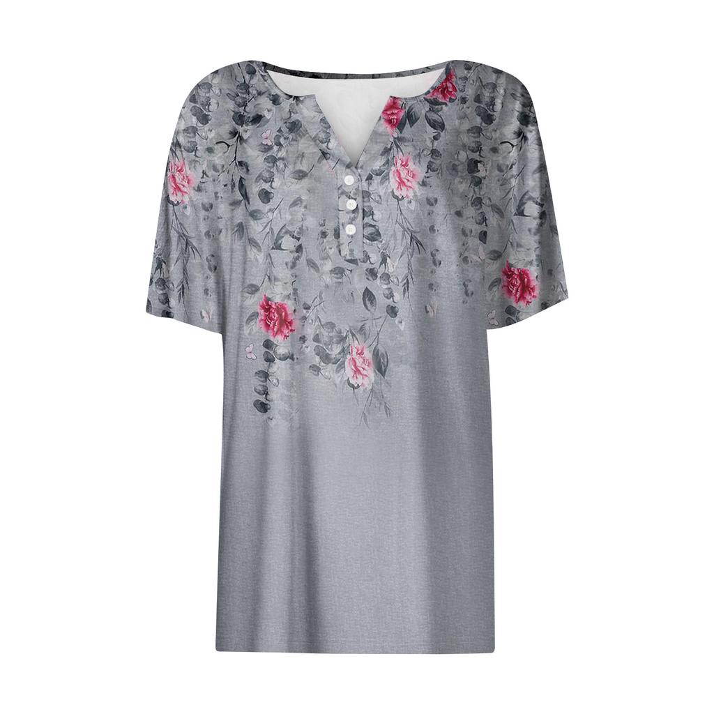 Women's T Shirt Tee Print Button Short Sleeve Daily Weekend Fashion Basic V- Neck Regular Top