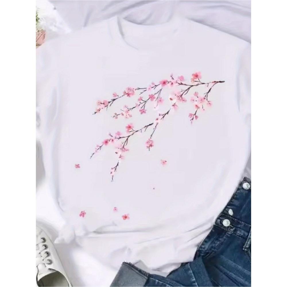 

Cherry Blossom Floral Print Short Sleeve Crew Neck Casual Top with Summer Short Sleeved Harajuku Streetwear Tops 2XL
