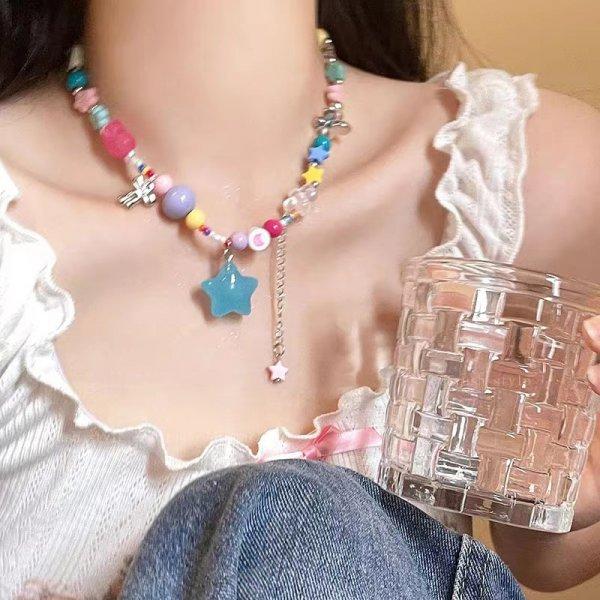 Multicolor Y2K Bohemia Candy Color Cute Necklace for Women Star Pendant Beaded Clavicle Chain Necklaces Vacation Accessories