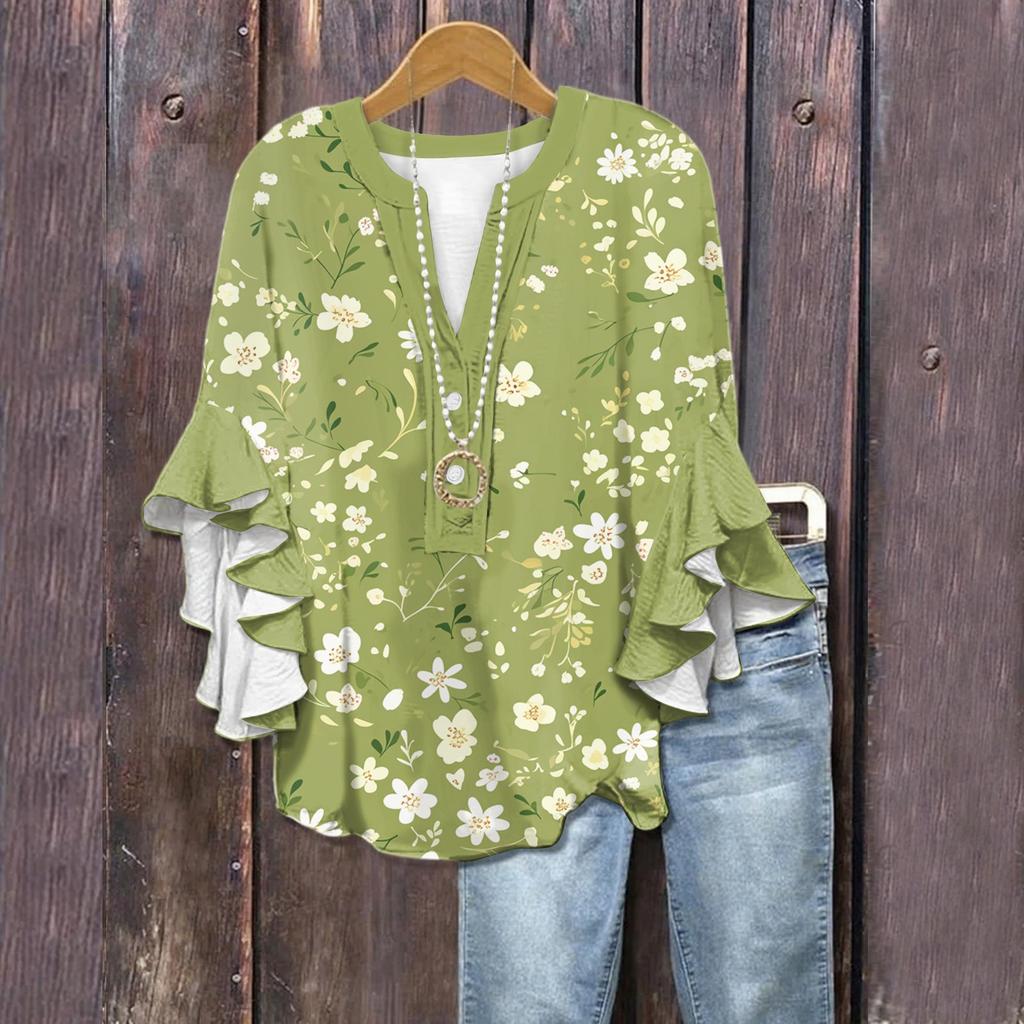 Summer Tops For Women Cute V Neck 3/4 Sleeve Blouses Floral Print Top Casual Shirts