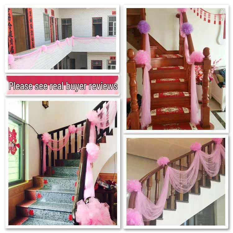 Wedding Gauze Curtain & Decoration with Floral Ball - Perfect for New Home & Stair Handrails, Free Shipping
