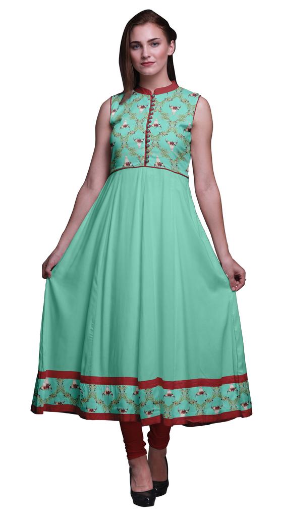 Bimba Aquamarine Green Damask Printed Women Designer Mandarin Collar Anarkali Dress Indian Ethnic Kurta