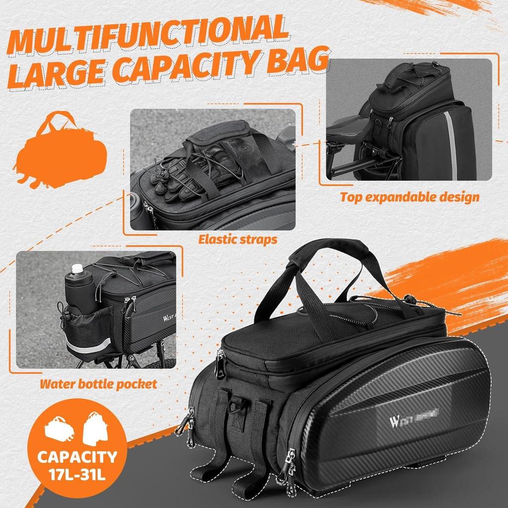 Waterproof Hard Shell Bike Rear Rack Bag 11/31L Reflective Oxford EVA Bicycle Trunk Pannier for Commuting Touring E-Bike