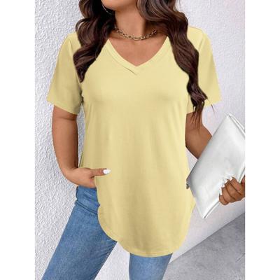 Summer Pure Color Loose Short-sleeved V-neck  Large Size Women's T-shirts