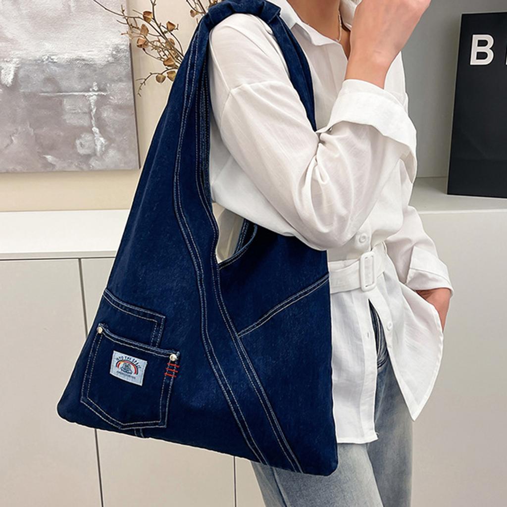Vintage Denim Bag Women Travel School Office Outdoor Large Pocket Black Blue Jean Tote Shoulder Bag For Women
