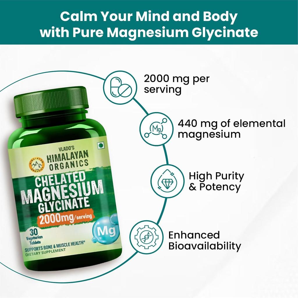 Vlado's Himalayan Organics Magnesium Glycinate 2000 mg Vegetarian Tablets for Muscle, Nerve, Sleep Support