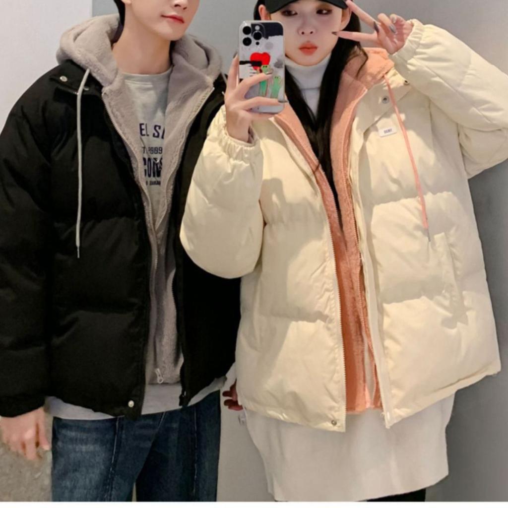 Fake two pieces of fluffy pink cotton clothes women's short hooded women's winter thickened cotton clothes lamb wool splicing jacket