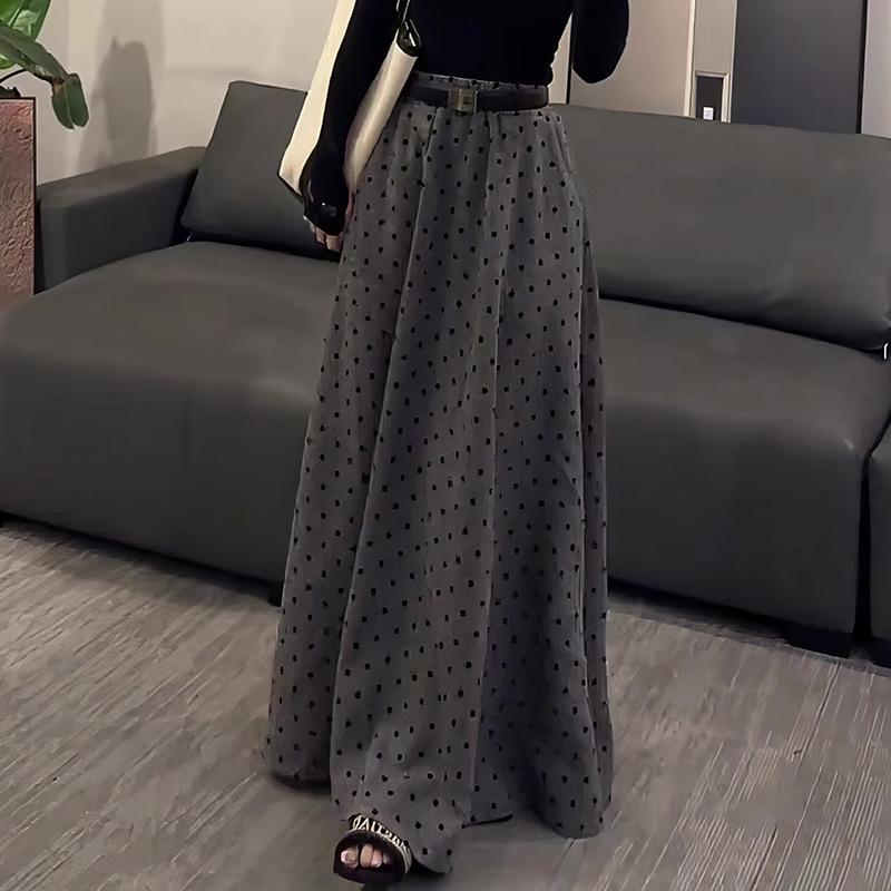 Plus Size Grey Polka Dot Retro Long Skirt - Korean Style, Autumn Collection