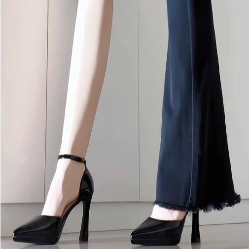 Sexy season summer waterproof table women's black single shoes pointed one-word strap high heels medium thick heel sandals