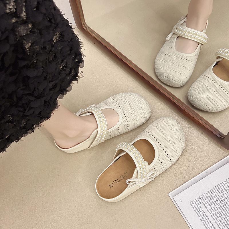 2025 New French Holiday Small Fragrant Mary Jane Shoes Women's Bag Head Hollow Bow Flat Slippers