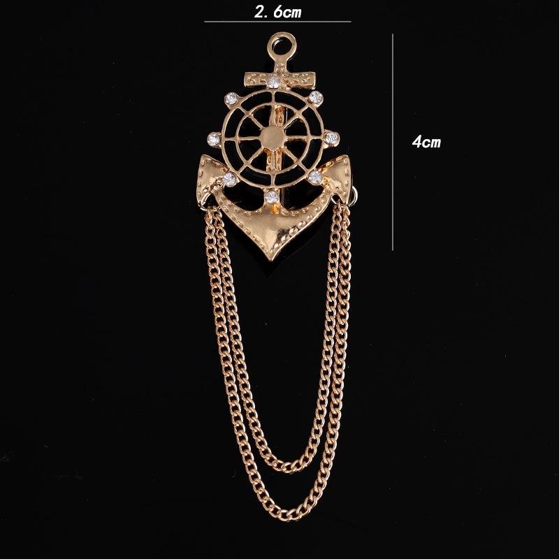 Korean Anchor Rhinestones Crystal Brooch British Style Tassel Chain Lapel Pins Men Suit Collar Pin Luxulry Jewelry Accessories