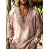 Nuovo beachwear da uomo taglia grande in stile bohémien, T-shirt a maniche lunghe con scollo a V. Adatto per il campeggio, la pesca e varie attività all'aperto.
