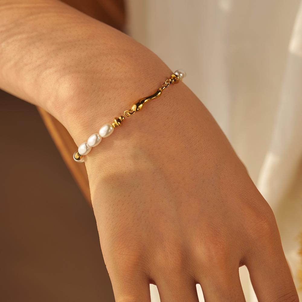 Youthway Glass Pearl Shaped Water Drop Cast Water Drop Bracelet Stainless Steel 18K Gold Plated Waterproof Summer Jewelry