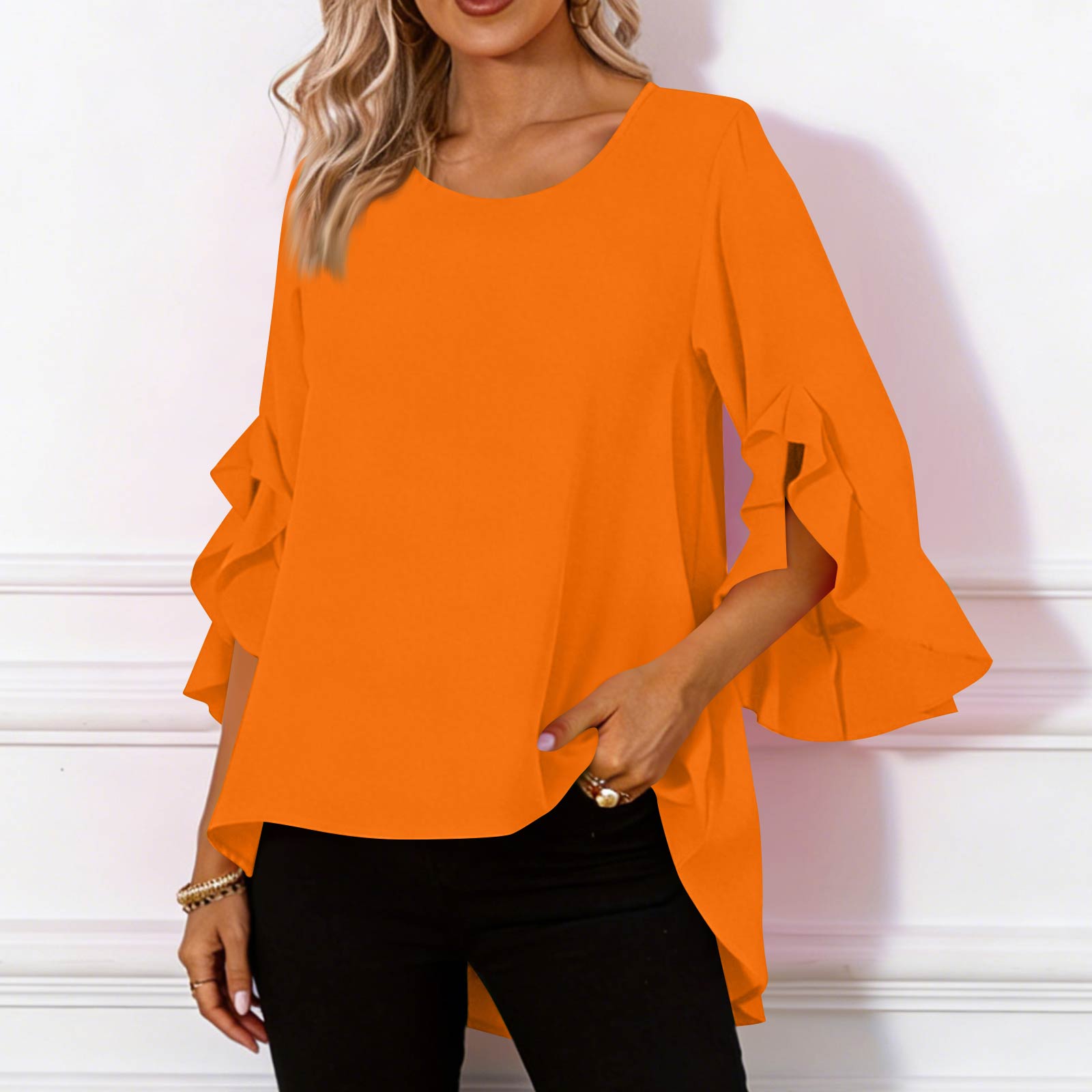 Women s Fashionable Casual Elegant Loose Comfortable Ruffled Sleeve Fashion Asymmetrical Hem Plus Size Top XXXXXL шафрановый