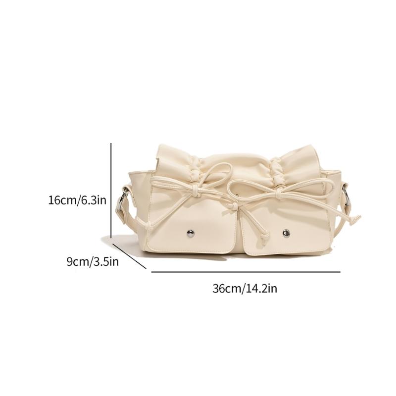 Womens Aesthetic PU Leather Underarm Bag Pleated Sweet Bowknot Shoulder Crossbody Bag Adjustable Armpit Handbag Purse