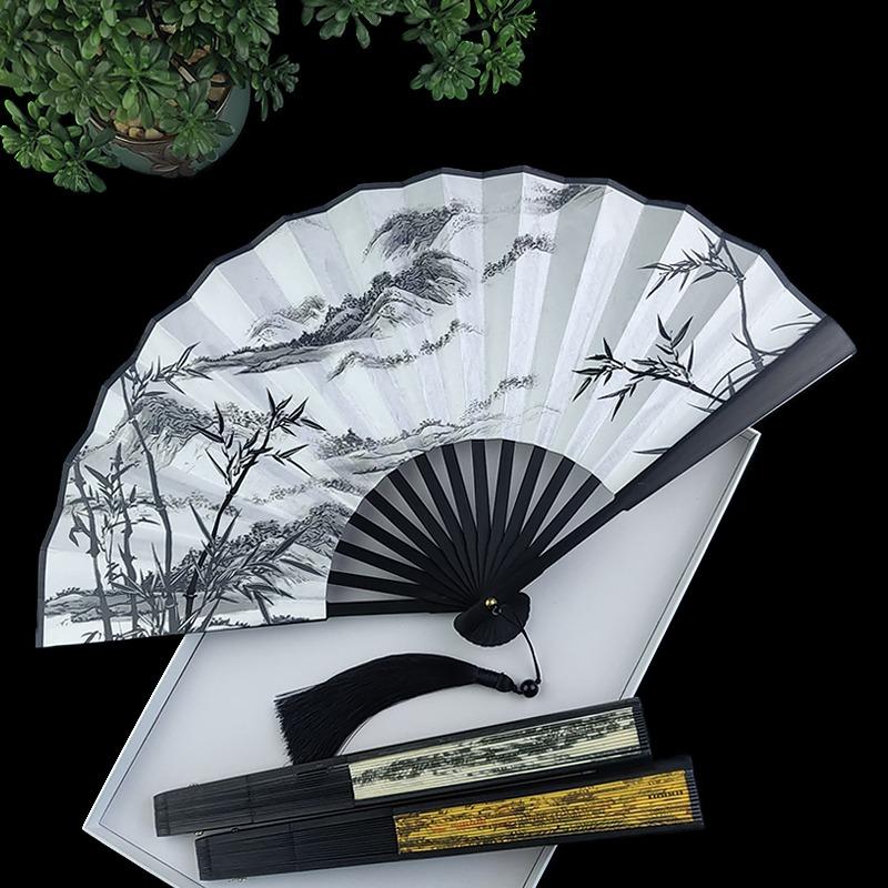 1PC 8 Inch Fan Folding Fan Chinese Wind Landscape Painting Ink Painting Wind Men and Women Portable Daily Fan Head Green Bamboo Silk Fan Dancing Fan