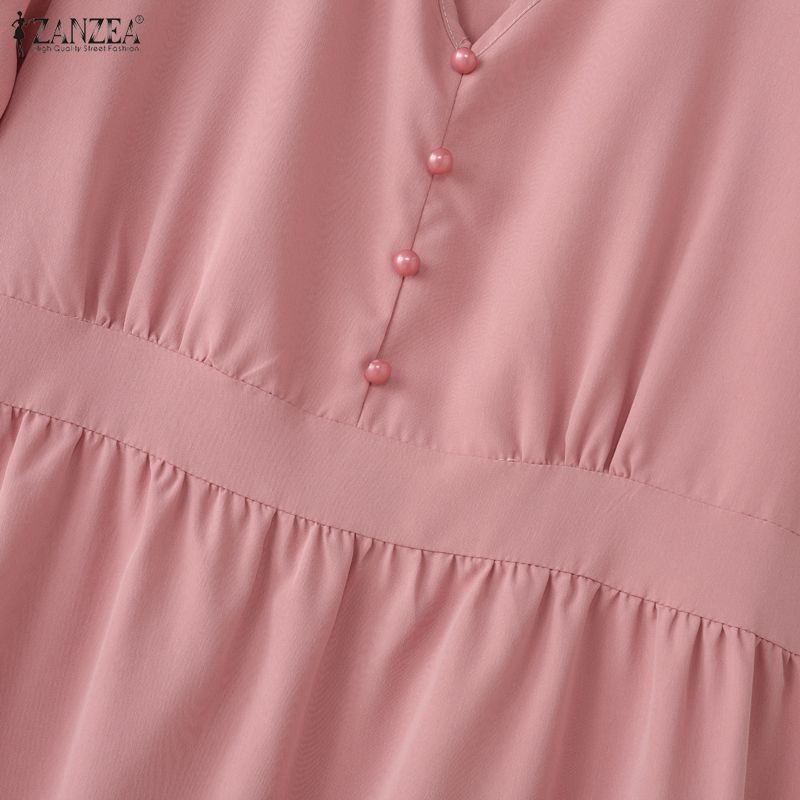 ZANZEA Women Elegant V-Neck Casual Solid Color Short Sleeve Dress