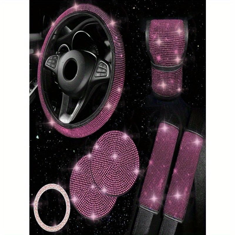 7pcs/Set Faux Crystal Car Steering Wheel Cover, Gear Shift Knob, Seat Belt Pad, Cup Holder Coaster, Start Button Decorative Ring