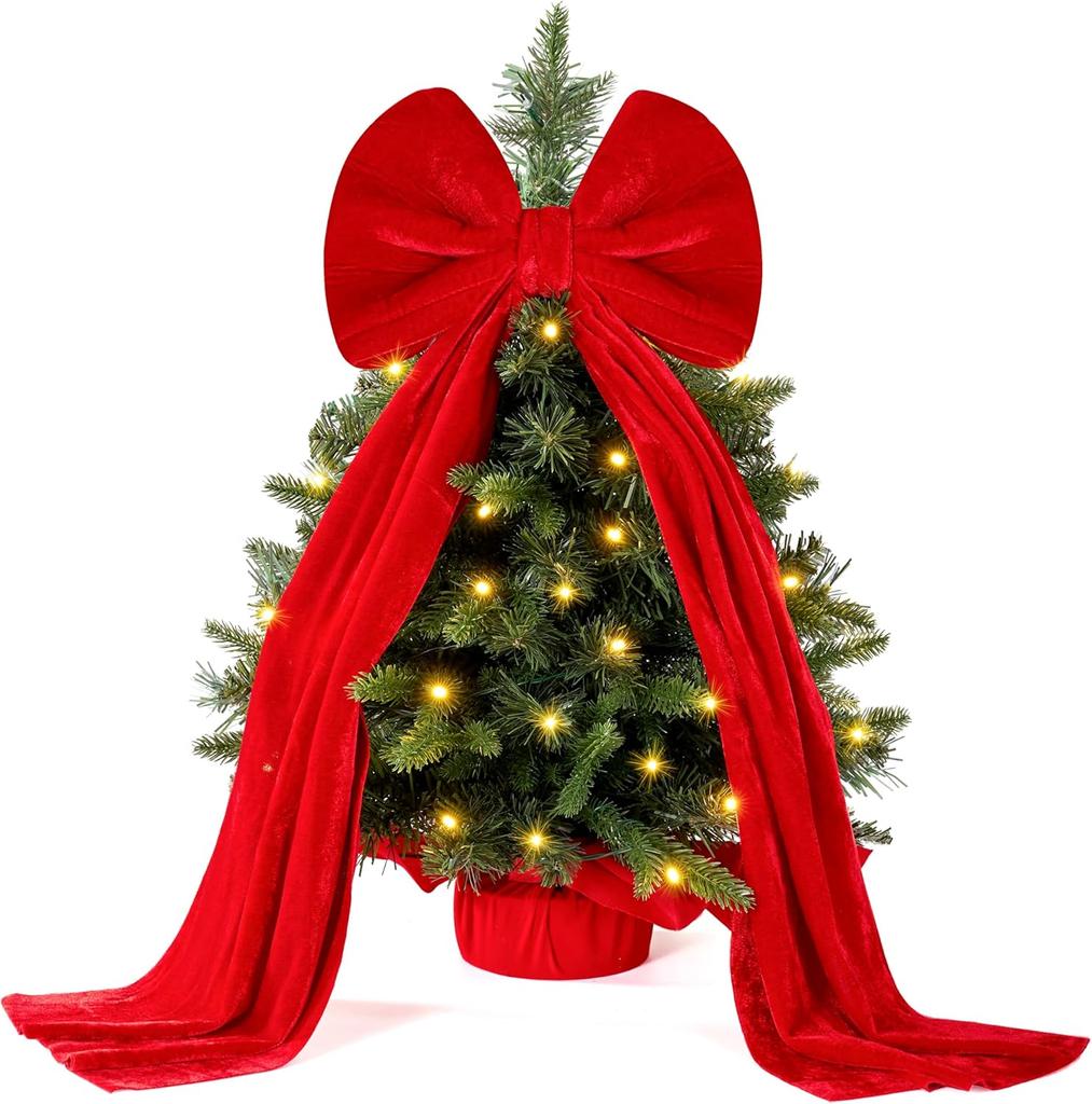 JOIEDOMI 24"/2FT Pre-lit Tree with Artificial Christmas Tabletop Tree Includes Star Topper Ornaments for Indoor Xmas Decor