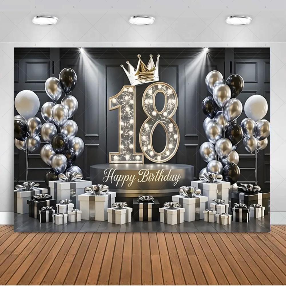 18th  Birthday Partys Decoration Backgound Black Gold Glitter Balloon Banner Women Men Boys Girls Bar Mitzvah Photography Props