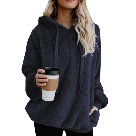 Plus Size Solid Color 1/4 Zip Up Fluffy Hoodies Women Hooded Sweatshirt
