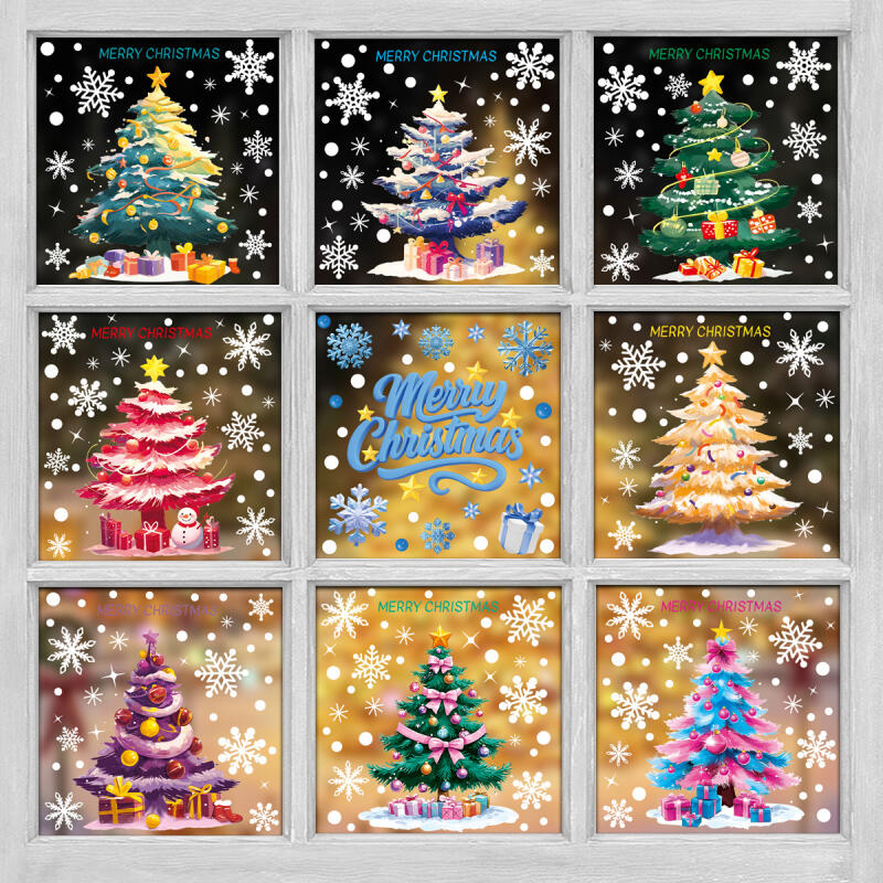 2/3/5PCS Christmas Electrostatic Window Clings Decor Set - Snowman Snowflake Tree Stickers For Glass Door Shop Display